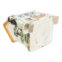 19th Century Staffordshire pearlware Prattware type money box, modelled as a houe with two figures to the front corners, H13cm