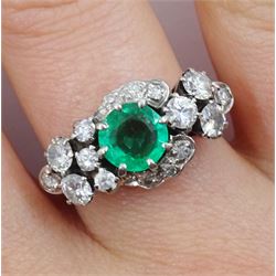 White gold round emerald and diamond cluster ring, stamped 18ct