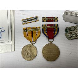 American Purple Heart Medal awarded to 32634848 Charles H. Poppo; cased with identity tags and paperwork; and Bronze Star Medal awarded to U.S. Marine Esteban T. Maranao; cased; American WWII Victory Medal and Asiatic Pacific Campaign Medal