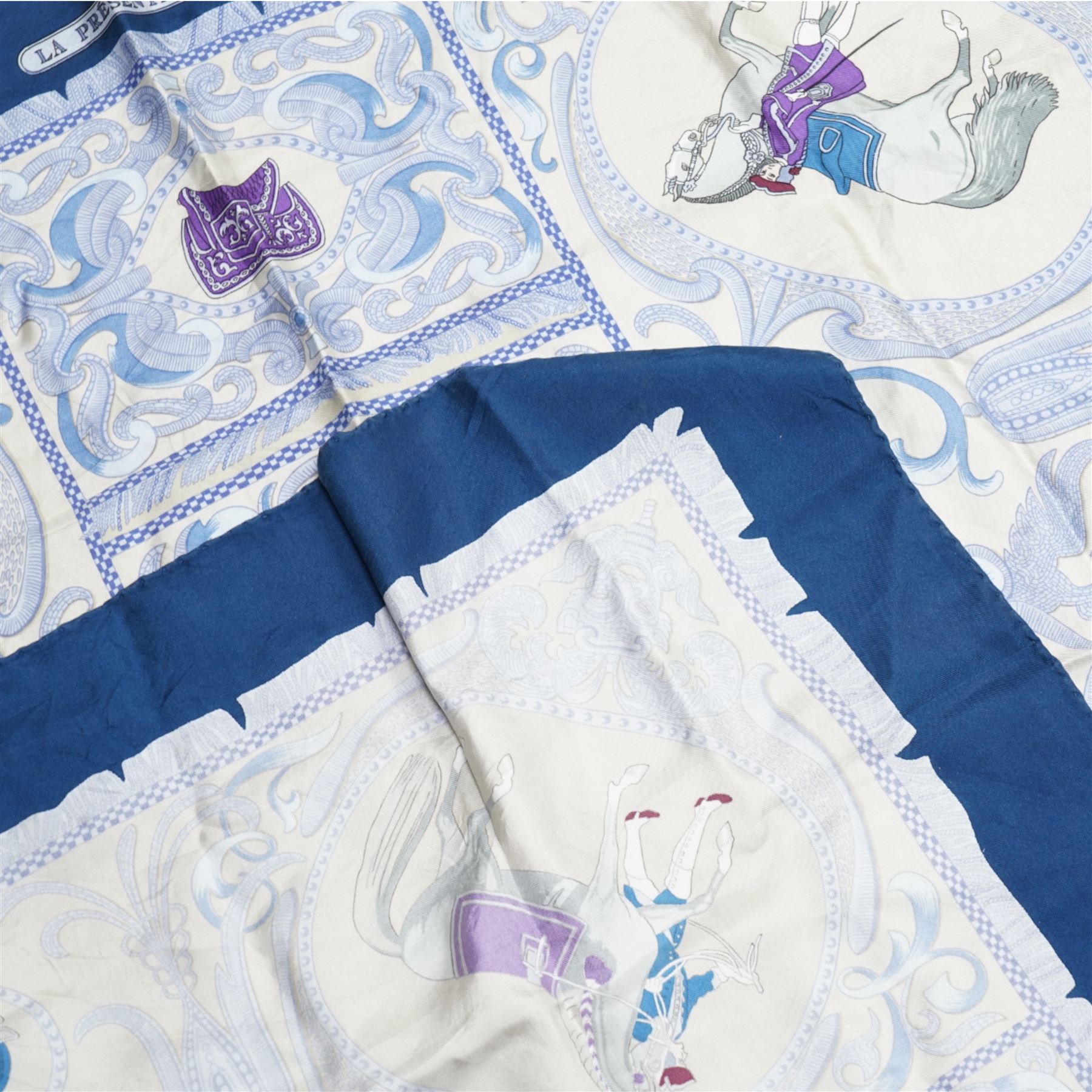 Hermes 'La Presentation' silk scarf in teal and cream colourway, designed by Christiane Vauzelles, 88cm x 86cm 