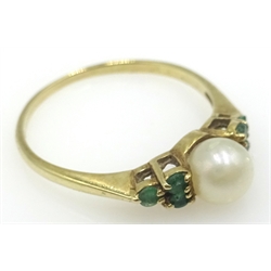  Pearl and emerald gold ring and gold wedding band, both hallmarked 9ct  
