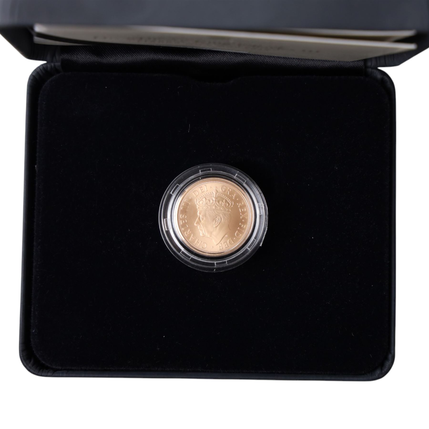 The Royal Mint United Kingdom 2023 'The Coronation of His Majesty King Charles III Celebration' gold brilliant uncirculated full sovereign coin, struck on the day, from an edition of 1250, cased and boxed with certificate