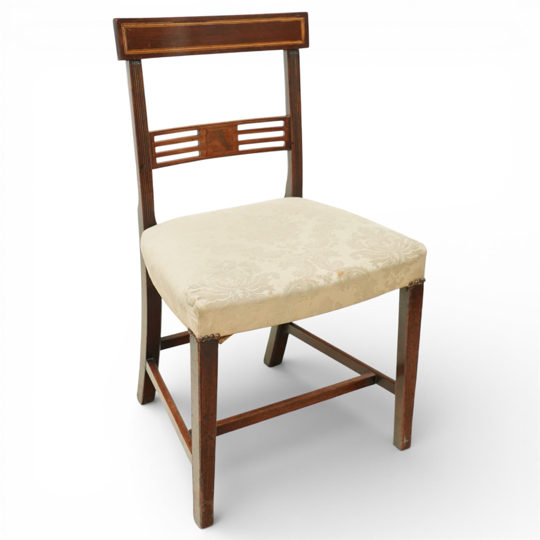 Georgian design mahogany dining chairs, a set of six including two carvers and four side chairs, each with rectangular moulded crest rail above a horizontal splat with central inlaid panel, upholstered seats, raised on square section supports united by stretchers