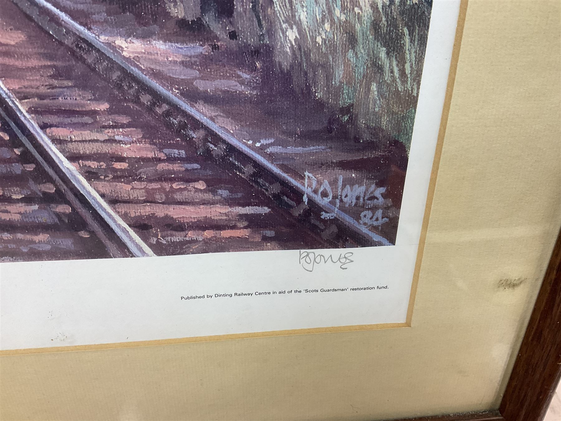 After Peter Owen Jones (British 20th century), 'Scots Guardsman'; limited edition colour print signed in pencil, together with three colour prints of early 20th century steam trains (4)