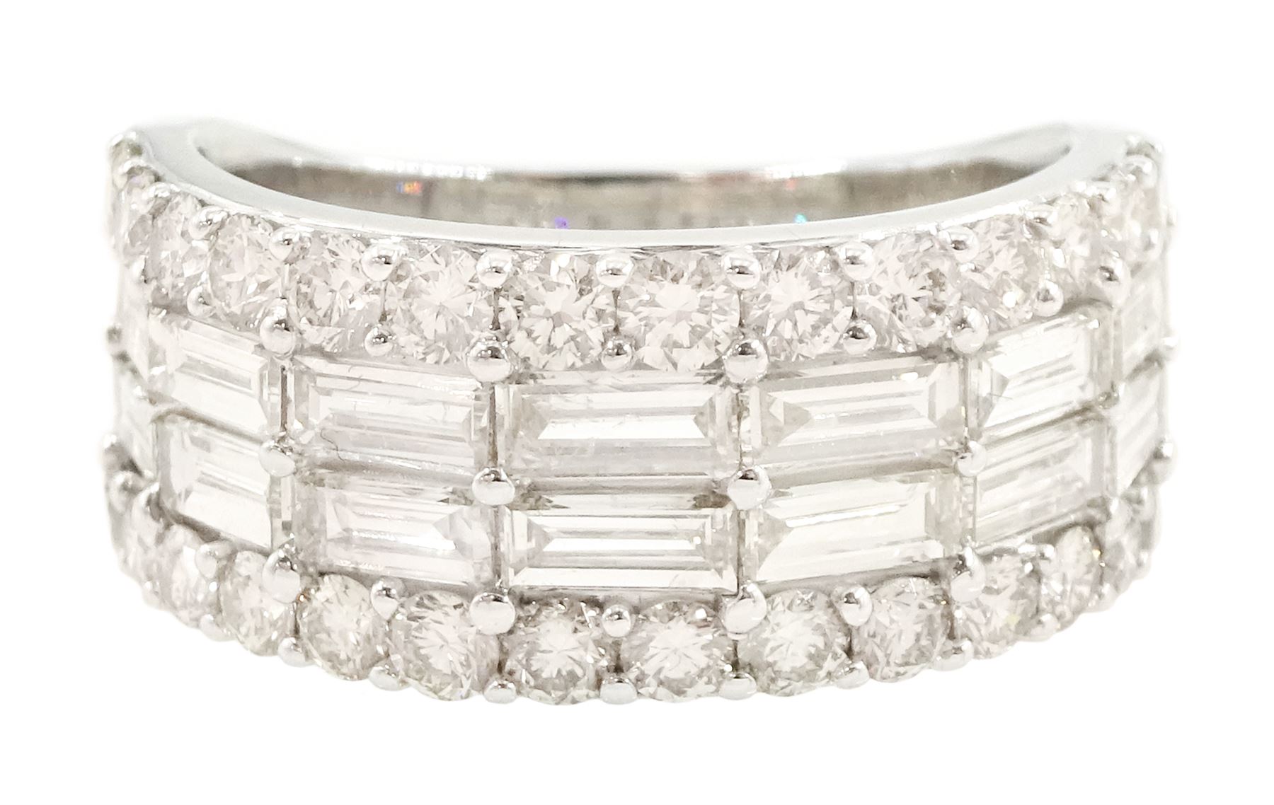 White gold four row, round brilliant cut and baguette cut diamond ring hallmarked 9ct, total diamond weight 2.72 carat 