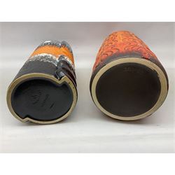 Two large West Germany pottery vases of cylindrical form with black and orange moulded decoration, with impressed marks beneath, largest H
