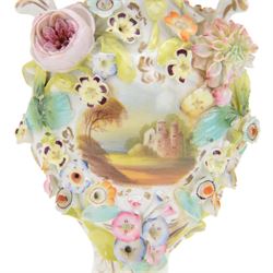 Near pair of Coalbrookdale style vases, of urnular twin handled form, painted with landscape scene and encrusted with blossoming flowers, tallest H29.5cm, together with a smaller Coalbrookdale style twin handled vase profusely encrusted with blossoming flowers, H22cm