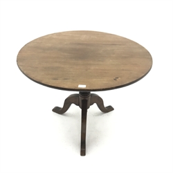 19th century mahogany tilt top occasional table, single turned column on three shaped supports, D90cm, H70cm