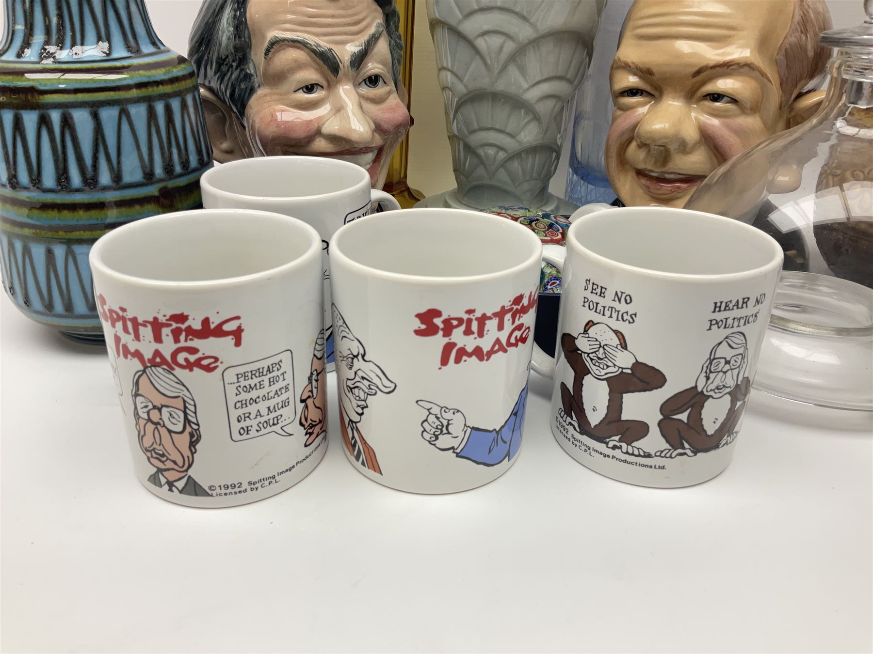 Bairstow Manor Pottery Tony Blair teapot and Tony Hague, Spode Copeland vase, glass vases, glass paperweight etc 