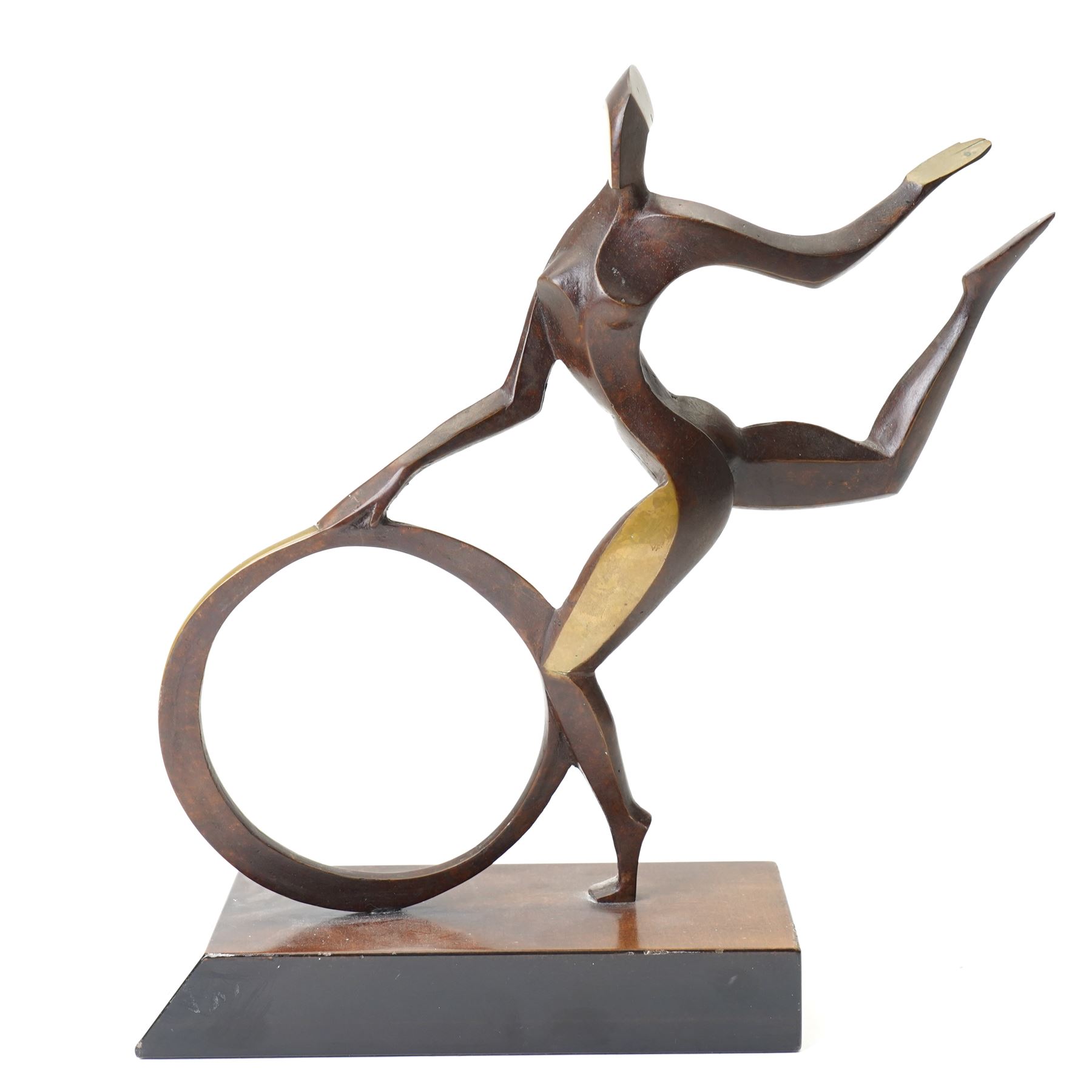 John Huggins FRBS (British 1938): 'Girl with Hoop', bronze sculpture upon black lacquered wooden base, H33cm, 
