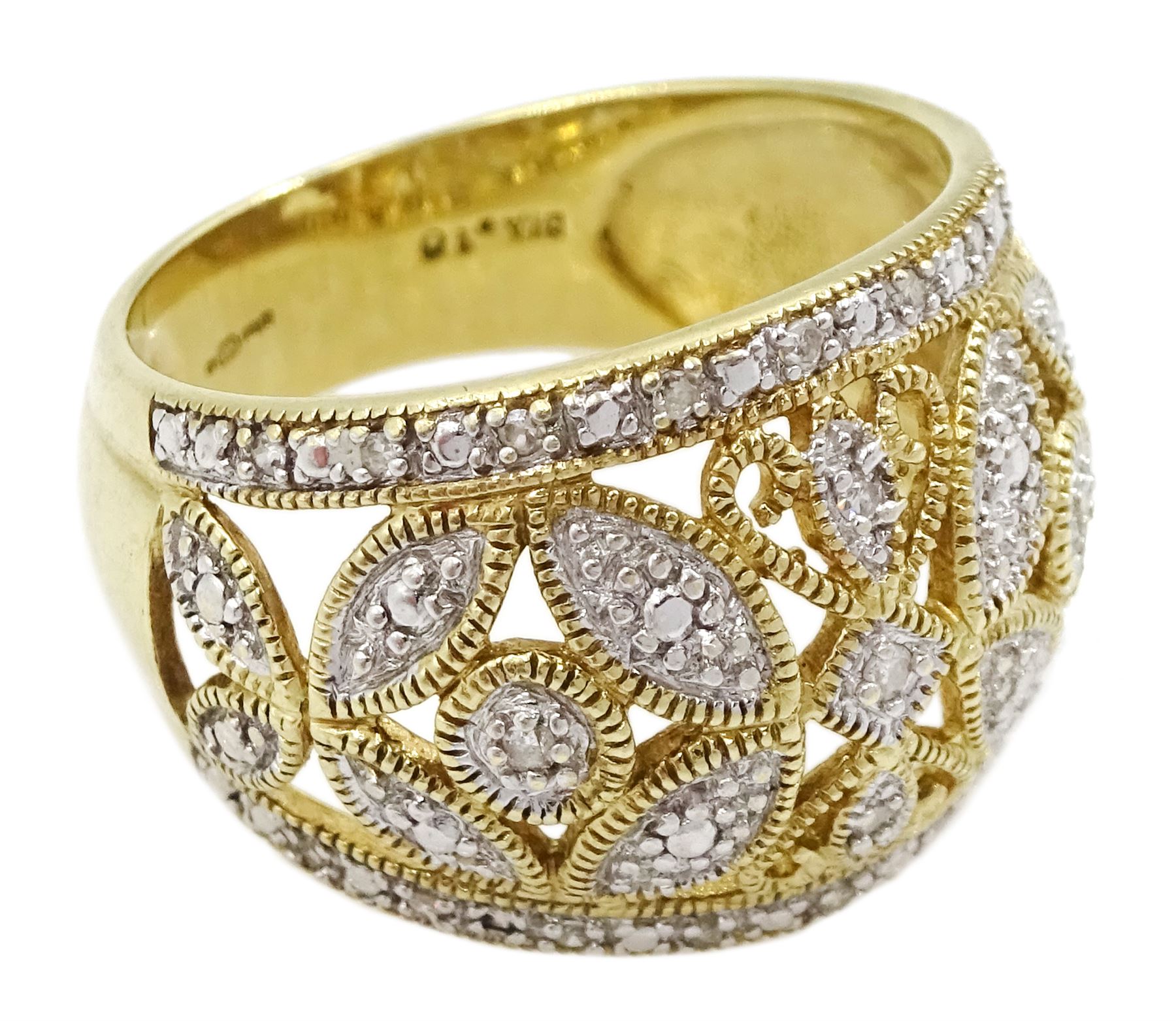 9ct white and yellow gold diamond chip, pierced openwork design ring, hallmarked
