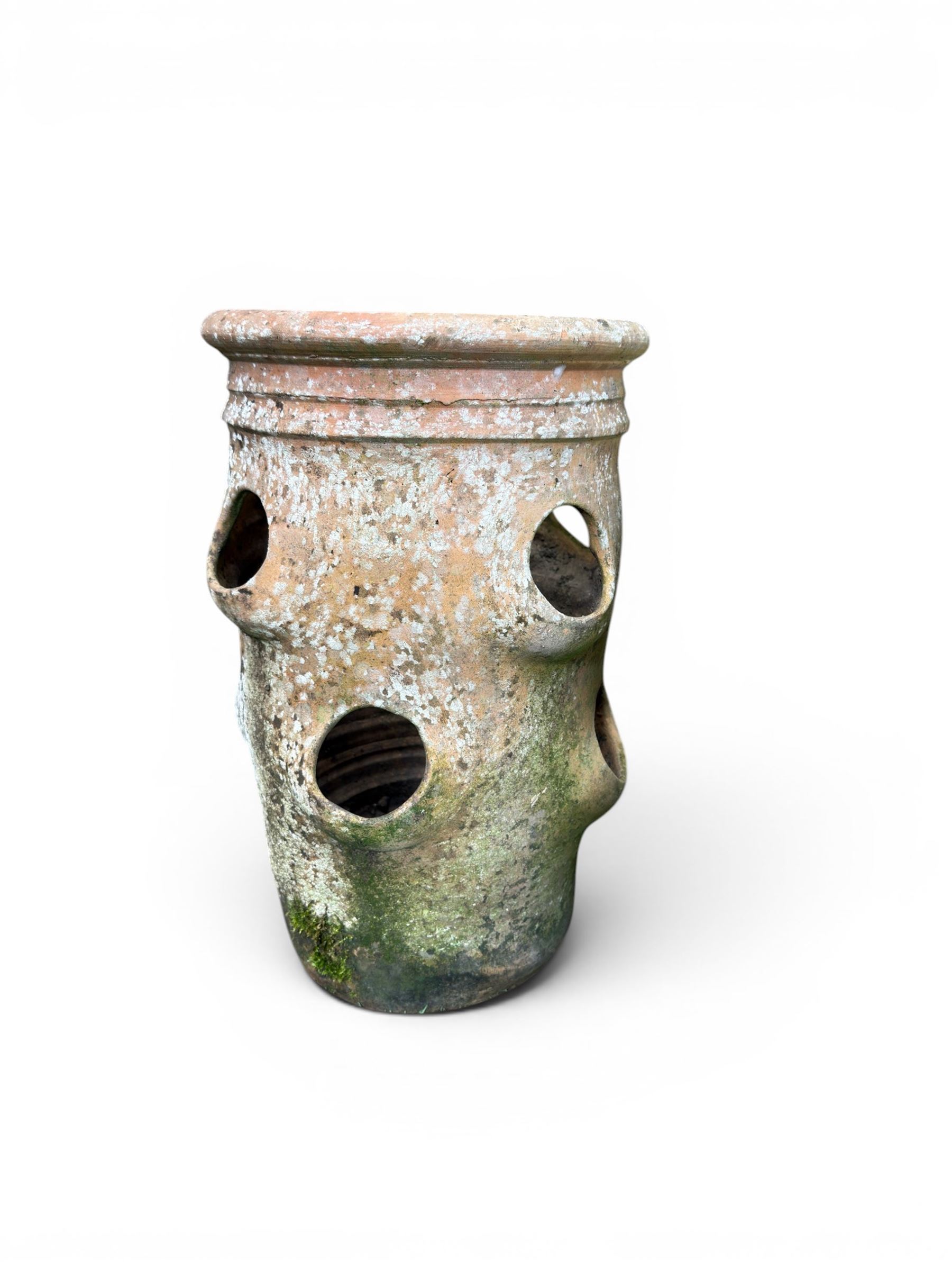 Set of five weathered terracotta strawberry pots, circular form with ribbed top