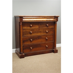  Victorian chest mahogany chest, frieze drawer above two short and three long drawers, column pilasters, plinth base, W128cm, H120cm, D58cm  