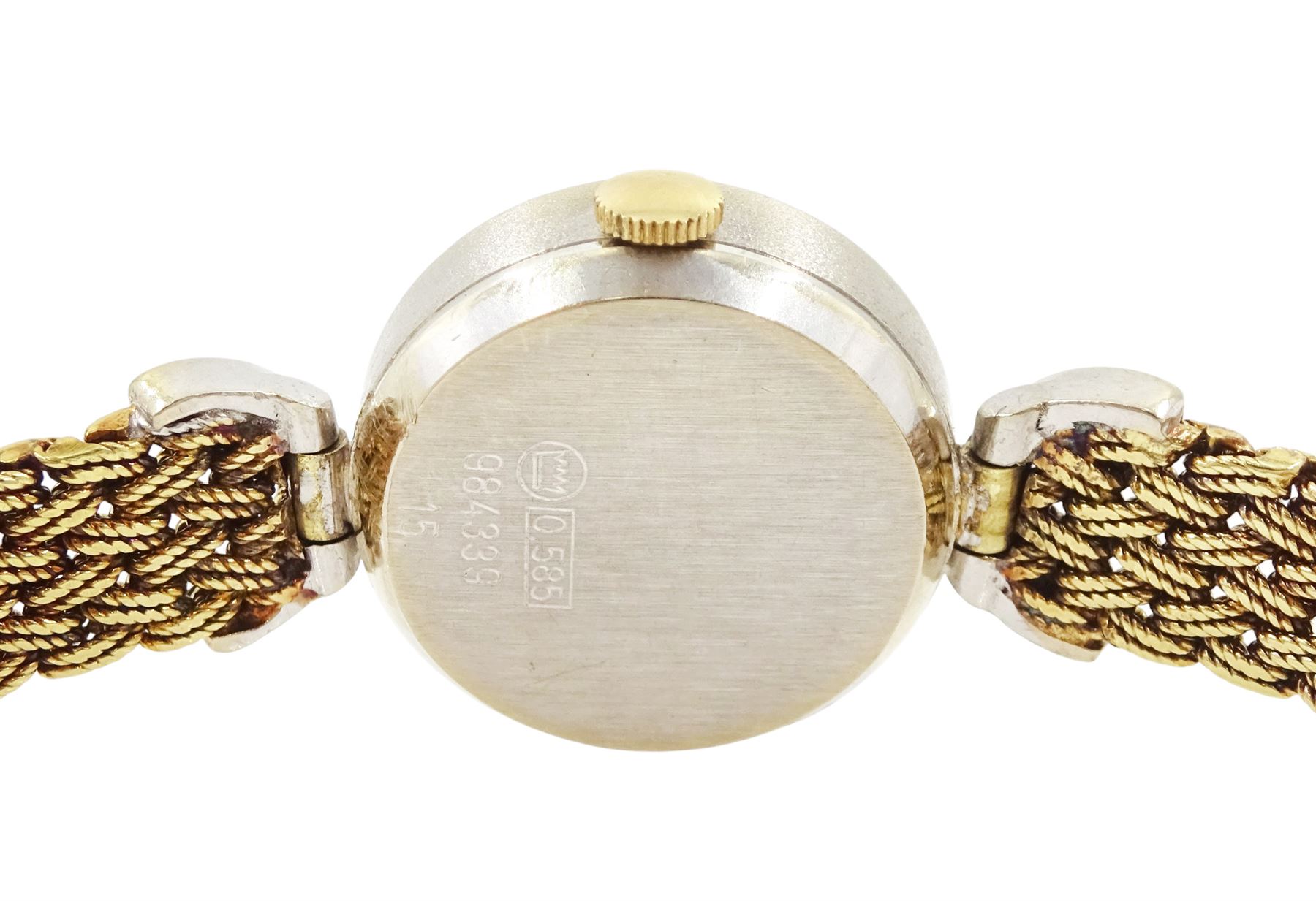 Dugena ladies 14ct gold quartz wristwatch, white gold case, diamond set bezel and lugs, to a yellow gold weave design bracelet and white gold clasp, stamped 585