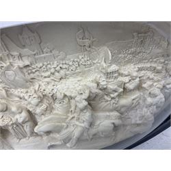 Justin Mathieu; oval high relief plaque depicting a battle scene, within frame H36cm