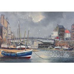 Jack Rigg (British 1927-2023): Cobles and Seagulls in Whitby Harbour, oil on canvas board ...