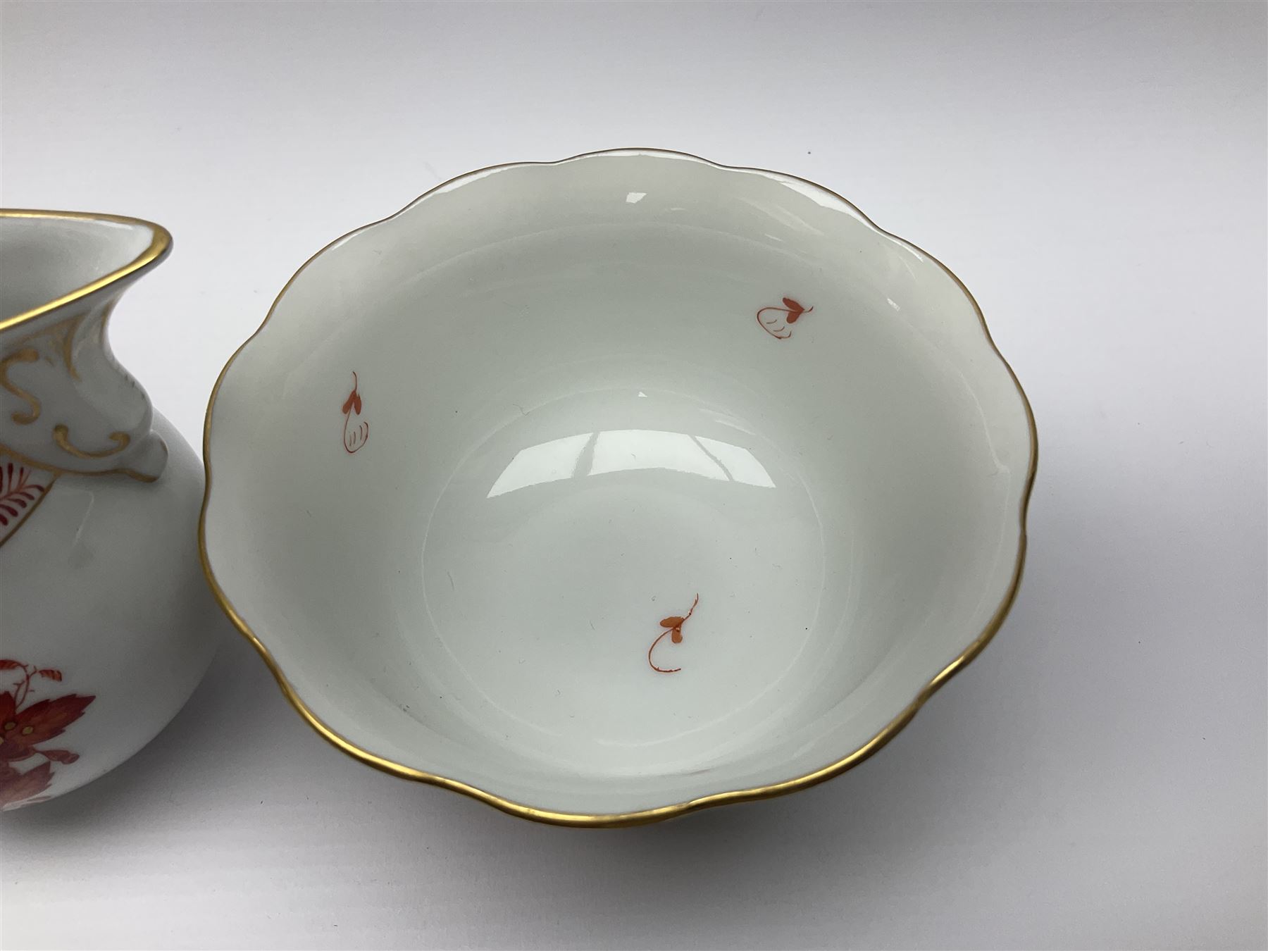 Herend Chinese Bouquet Rose pattern tea service comprising teapot, coffee pot, open sucrier, six cups and saucers, six tea plates, cream jug and stand, milk jug, two teabag holders, preserve pot, two leaf shaped dishes, four egg cups, salt & pepper pots, pair side plates and another plate