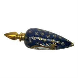 19th century english scent bottle of teardrop form, hand painted with a central panel depicting an exotic bird, with a cobalt blue ground, H12cm 