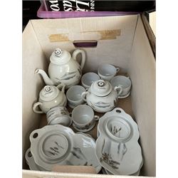 ‘The Early Breakfast’, 19th century hand coloured engraving in Hogarth type frame, vinyl LPs, reproduction silhouettes, two pairs of leather ice skates and tea set depicting a Japanese landscape