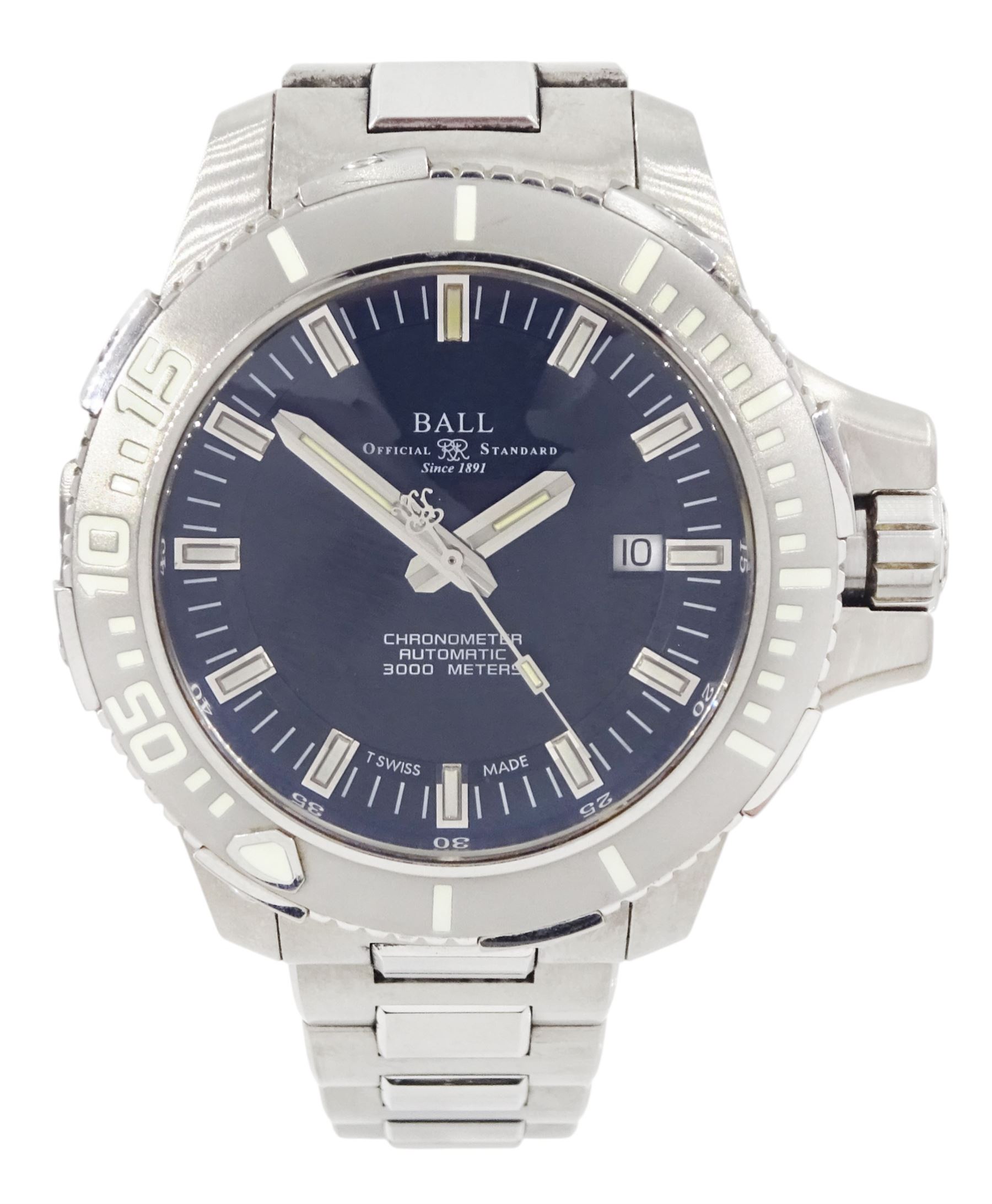 Ball Engineer Hydrocarbon Deepquest gentleman's titanium automatic chronometer wristwatch, Ref. DM3000A-SCJ-BK, black dial with baton hour markers, date aperture and unidirectional rotating bezel, on titanium and stainless steel bracelet, boxed with additional links and warranty certificate dated 2019