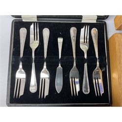 Silver mounted glass cruet set, Hallmark Walker & Hall, together with silver plate cased canteen, tea set etc