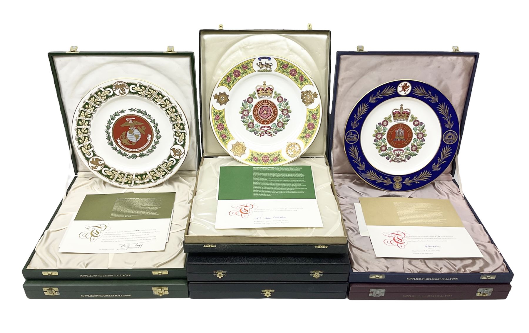 Seven limited edition Spode Military collector's plates comprising The Argyll & Sutherland Highlanders, The Gordon Highlanders, The Royal Hampshire Regiment, The Royal Welch Fusilliers, The Cheshire Regiment, The Gloucestershire Regiment and The United States Marines, all boxed and with certificate  (7)