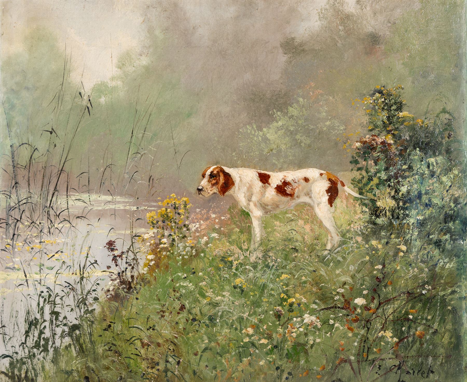 Émile Charlet (Belgian 1851-1910): Setter at the Riverside, oil on canvas laid on to board signed 59cm x 72cm