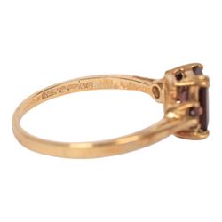 Gold coral and pearl ring and a gold three stone garnet ring, both hallmarked 9ct