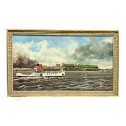 Richard Pearson (British 20th Century): Tattershall Castle Ferry on the Humber, oil on canvas signed with monogram dated 1971, 49cm x 88cm
