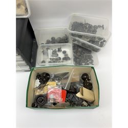 Hornby Dublo etc - quantity of spare parts and accessories including nuts and bolts, washers, couplings, brushes, wheels, motor parts etc; and small quantity of pin badges including limited edition Dublo 60th anniversary badge.