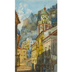 MM (British 19th century): Amalfi Bell Tower - West Coast Italy, watercolour unsigned, TB & R Joran label verso 25cm x 15cm
Notes: label verso reads: 'These pictures tell the story if the travels of an enigmatic Victorian lady, M.M. who married G.C.T. sometime between October 1872 and July 1873 and gave birth to a son, Clive, sometime before 1904. She travelled extensively in Italy, Switzerland and the Rhine Valley between 1871 and 1899. Her watercolours come from albums and are as fresh as the day they were painted. This is our first selection of them, which also shows a stay on the North East coast in 1897 and 1898/'