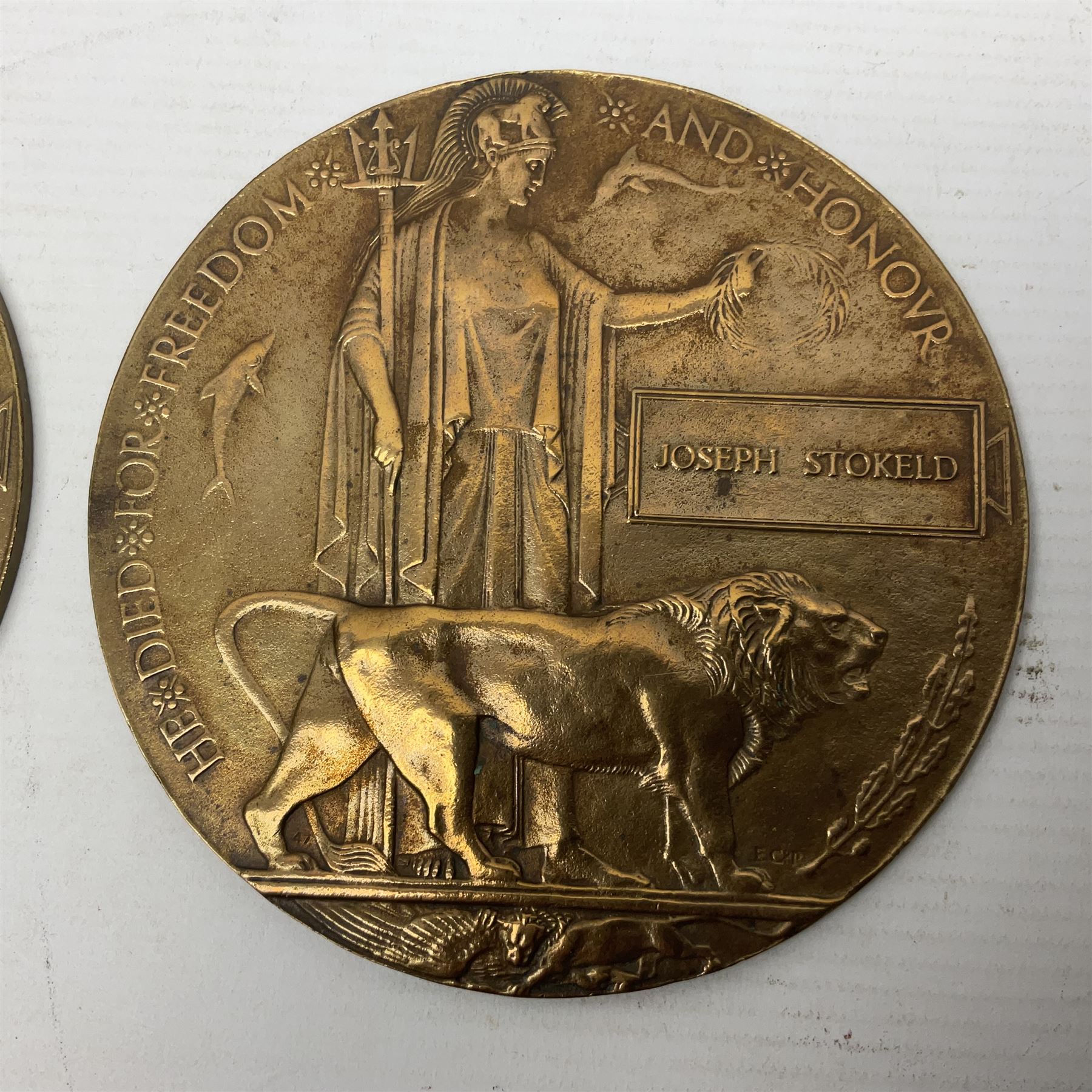 Two WWI bronze memorial plaques named to Hall Serginson and Joseph Stokeld (2)