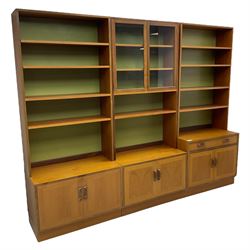 G-Plan - mid-20th century teak sectional wall unit, fitted with shelves, glazed cabinet, cupboards and drawer 