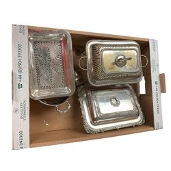 Victorian silver plate chafing dish, together with other silver plate, in three boxes 