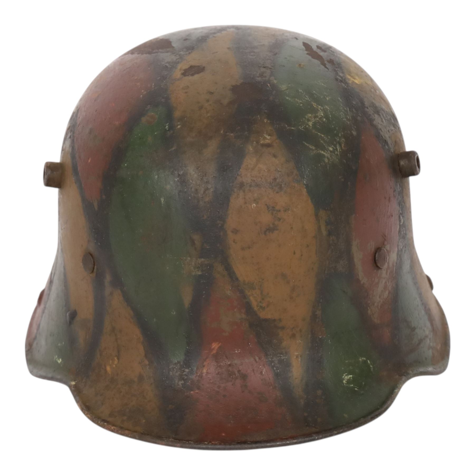 WWI German camouflage M16 helmet, with camouflage painted finish to the skull in green, brown and ochre colours with black separation lines