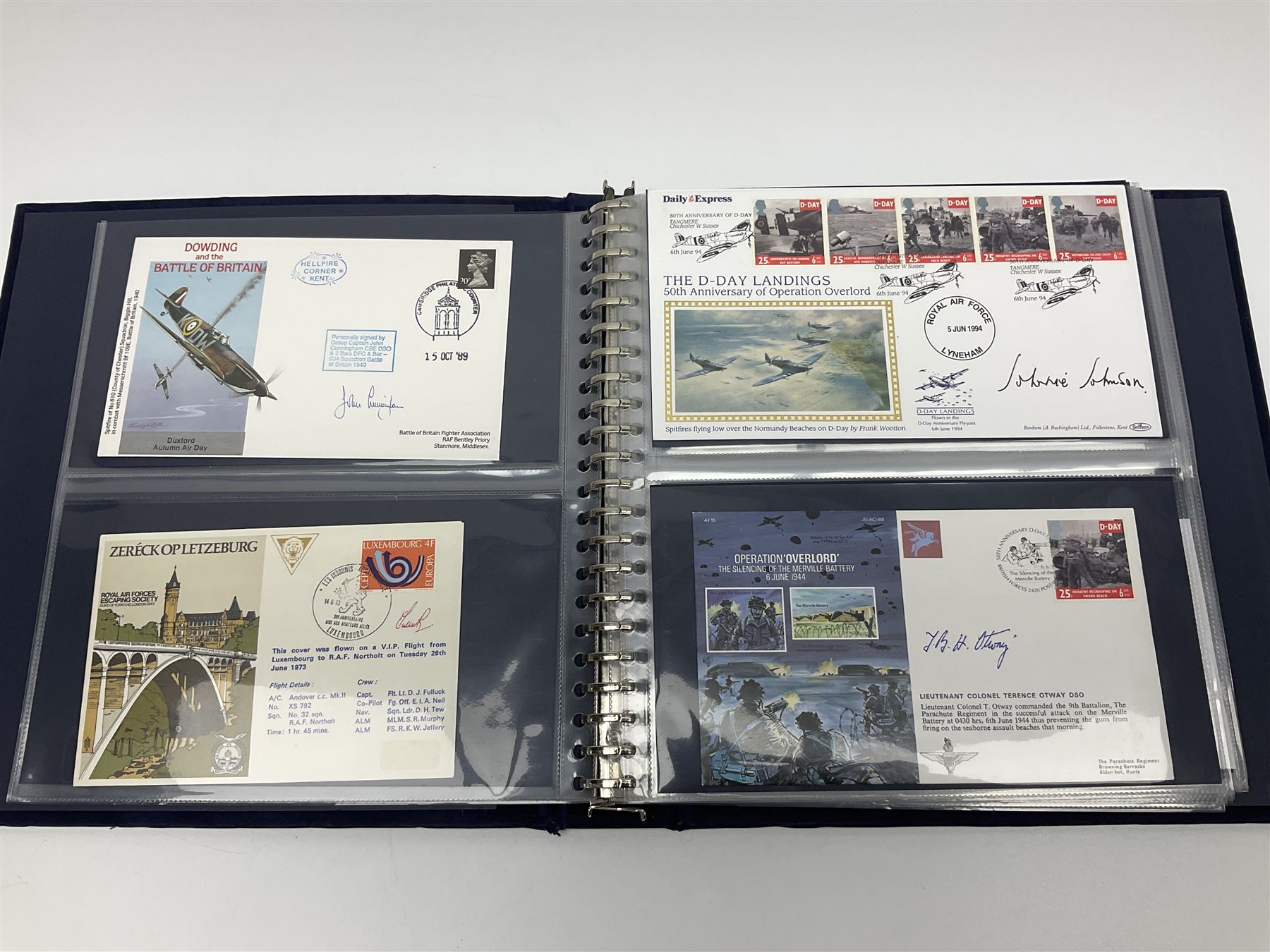 First Day Covers - approx. one hundred flying related and other military FDCs 1970s-2000s, mainly WW2 interest and bearing signatures; British, Channel Islands, Continental, Australia etc; signatures include Vera Lynn, J.H. Lacey, 'Johnnie' Johnson, Barnes Wallis, Bill Reid VC, various other gallantry medal winners, Dam Busters, Battle of Britain, Terence Otway, Leonard Cheshire, Stanford Tuck etc; loose and in a Benham album