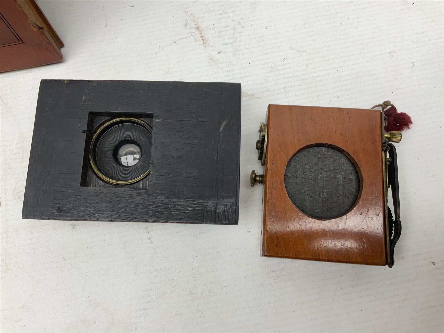 Sands Hunter & Co Ltd folding 1/4 plate camera in mahogany and lacquered brass, with two lenses and leather case