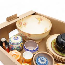 Fieldings Crown Devon items including fruit bowl, five dessert bowls and teapot, Poole pottery preserve jar, Sylvac posy holder, Frosted art glass tulip vase, similar lily vase, two Belleek saucers, assorted cups and saucers etc contents in two boxes