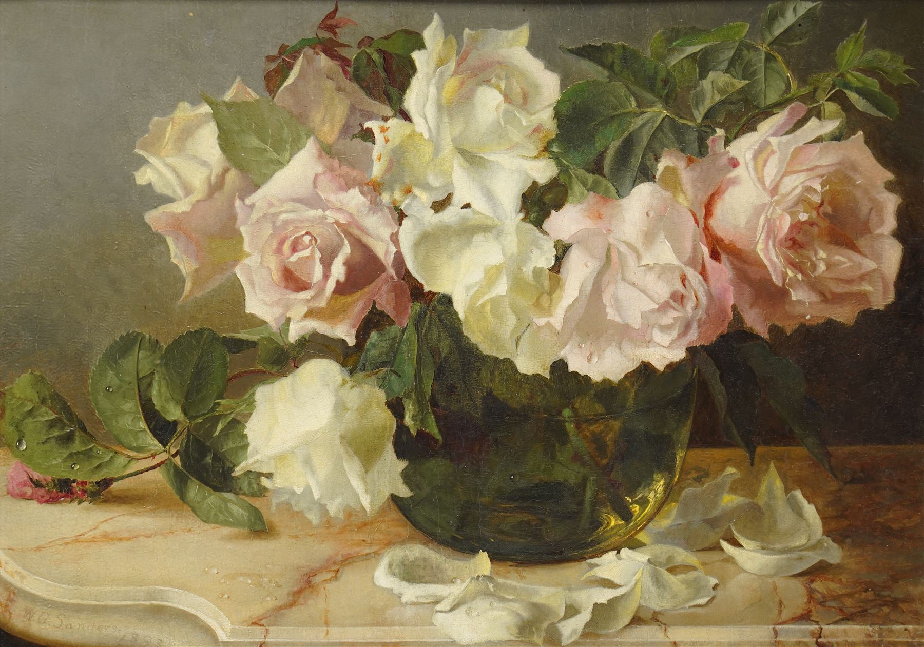 Walter George Sanders (fl. 1882-1892): Still Life of White and Pale Pink Roses, oil on wood panel signed and dated 1893, 24cm x 34cm