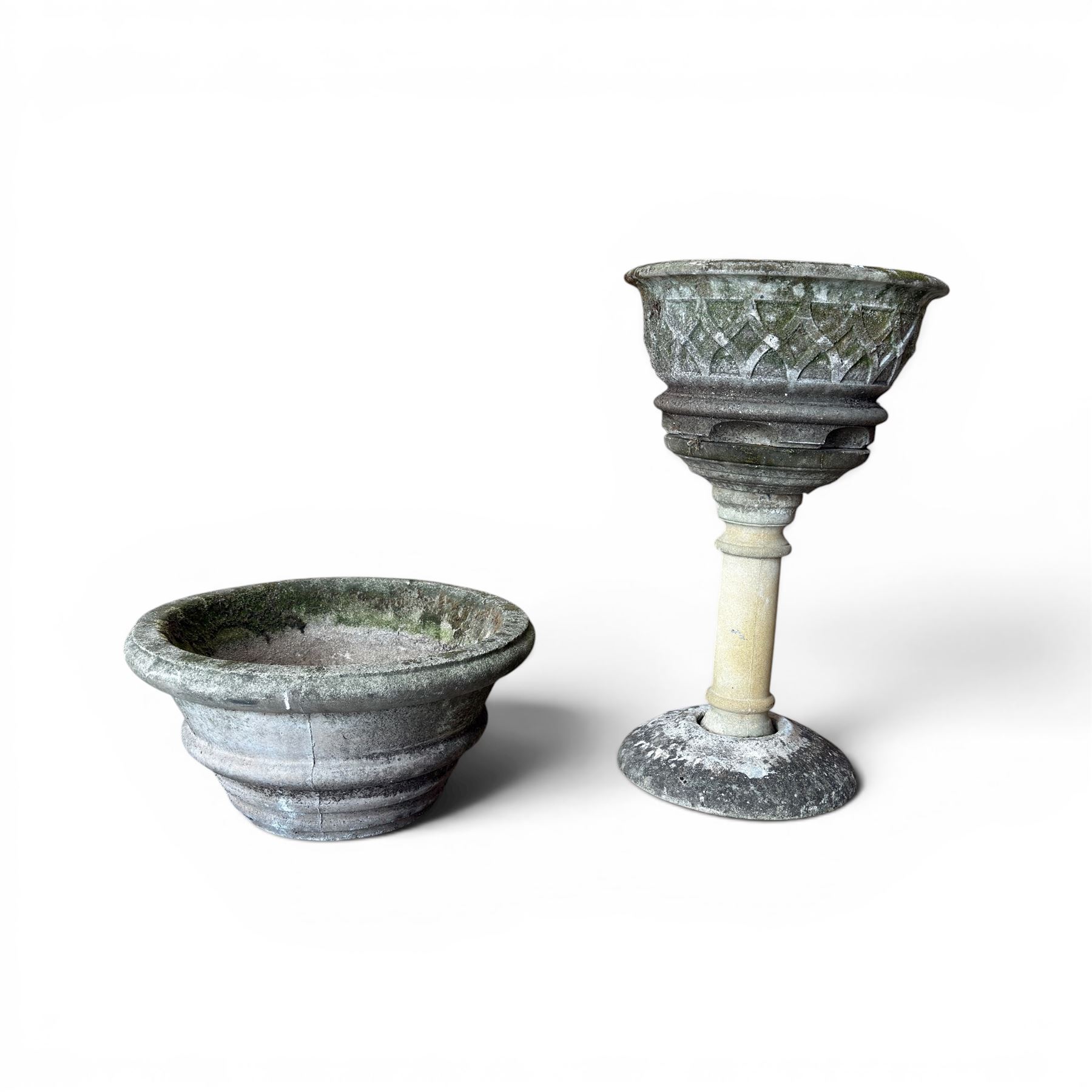 Large circular cast stone planter, and a small lattice planter on raised column