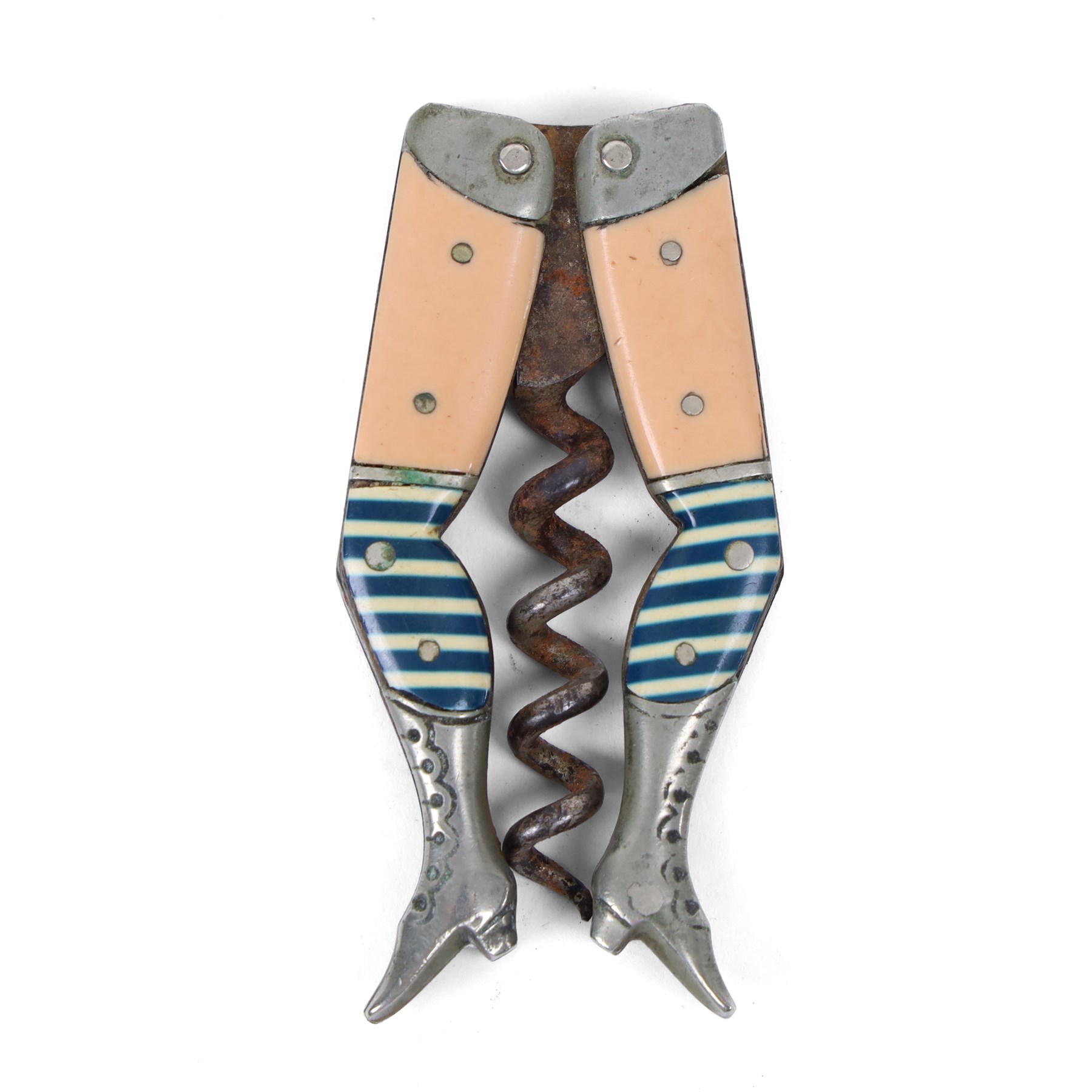 19th Century German novelty folding Corkscrew in the form of a pair of ladies legs in blue and white stockings, H7cm