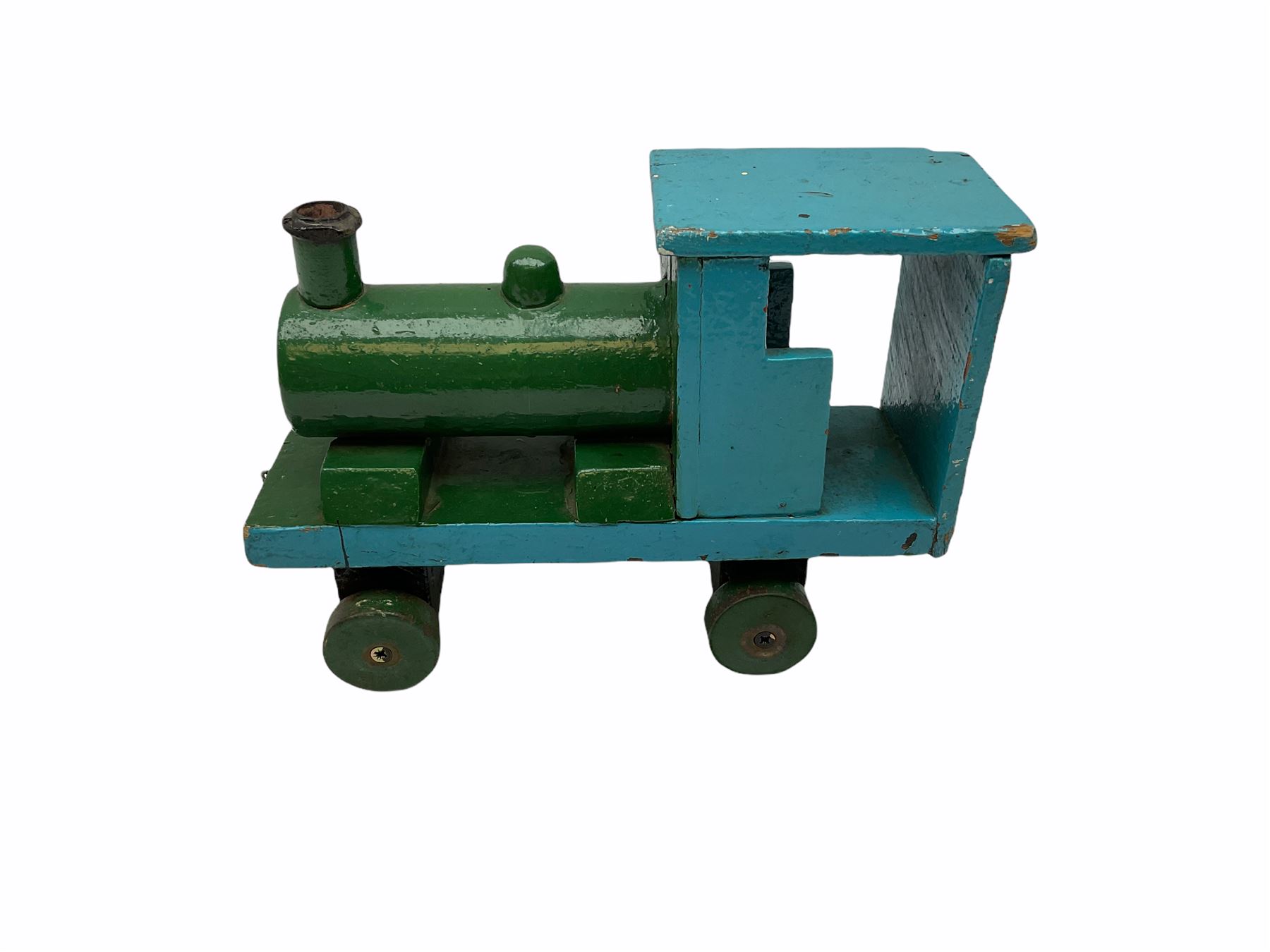 1991 Atlantic Bears limited edition black teddy bear, the revolving head with applied eyes, vertically stitched nose and jointed limbs with growler mechanism No.84/100 H53cm; together with clockwork tin-plate road roller possibly by Mettoy and a push-along painted scratch built wooden locomotive (3)