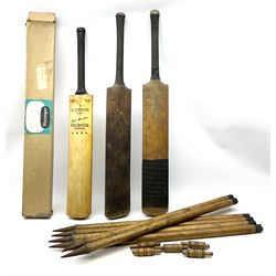 Cricket bat with Bob Simpson autograph, together with B Warsop Hendren autographed bat, another bat and six stumps and bales