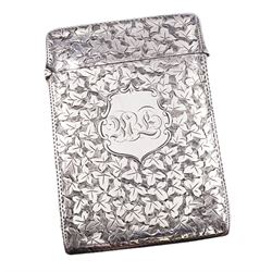 Late Victorian silver card case, of rectangular form with hinged top, engraved with monogramed cartouche within a foliate surround, hallmarked W G Keight, Birmingham 1900, 2.02 ozt (63 grams)