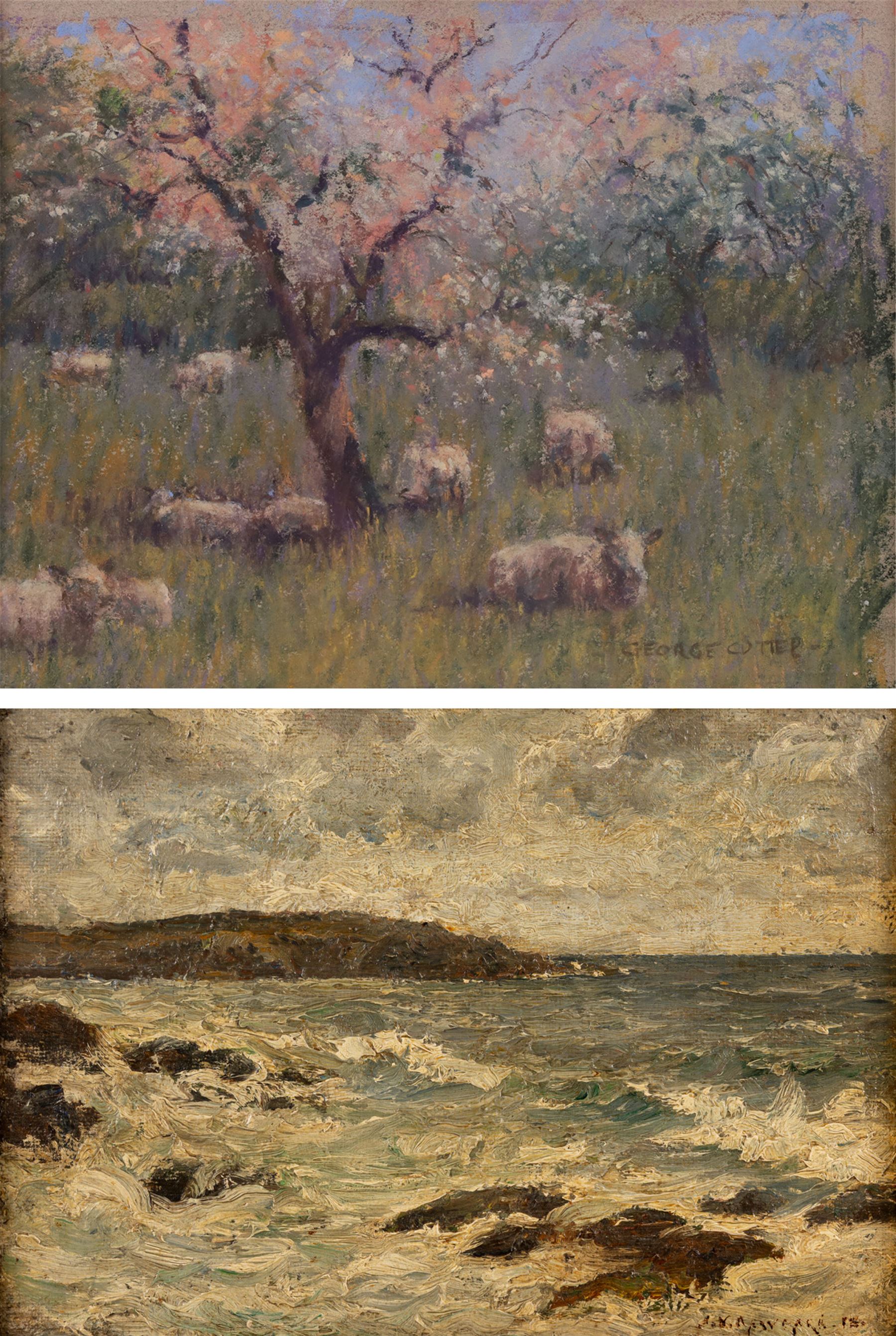 George Frederick Cutter (British 1940-): Sheep Resting in Tall Grass, pastel signed 17.5cm x 22.5cm; English School (19th century): Waves Breaking on a Rocky Coastline, impasto oil on board indistinctly signed max 19.5cm x 28cm
