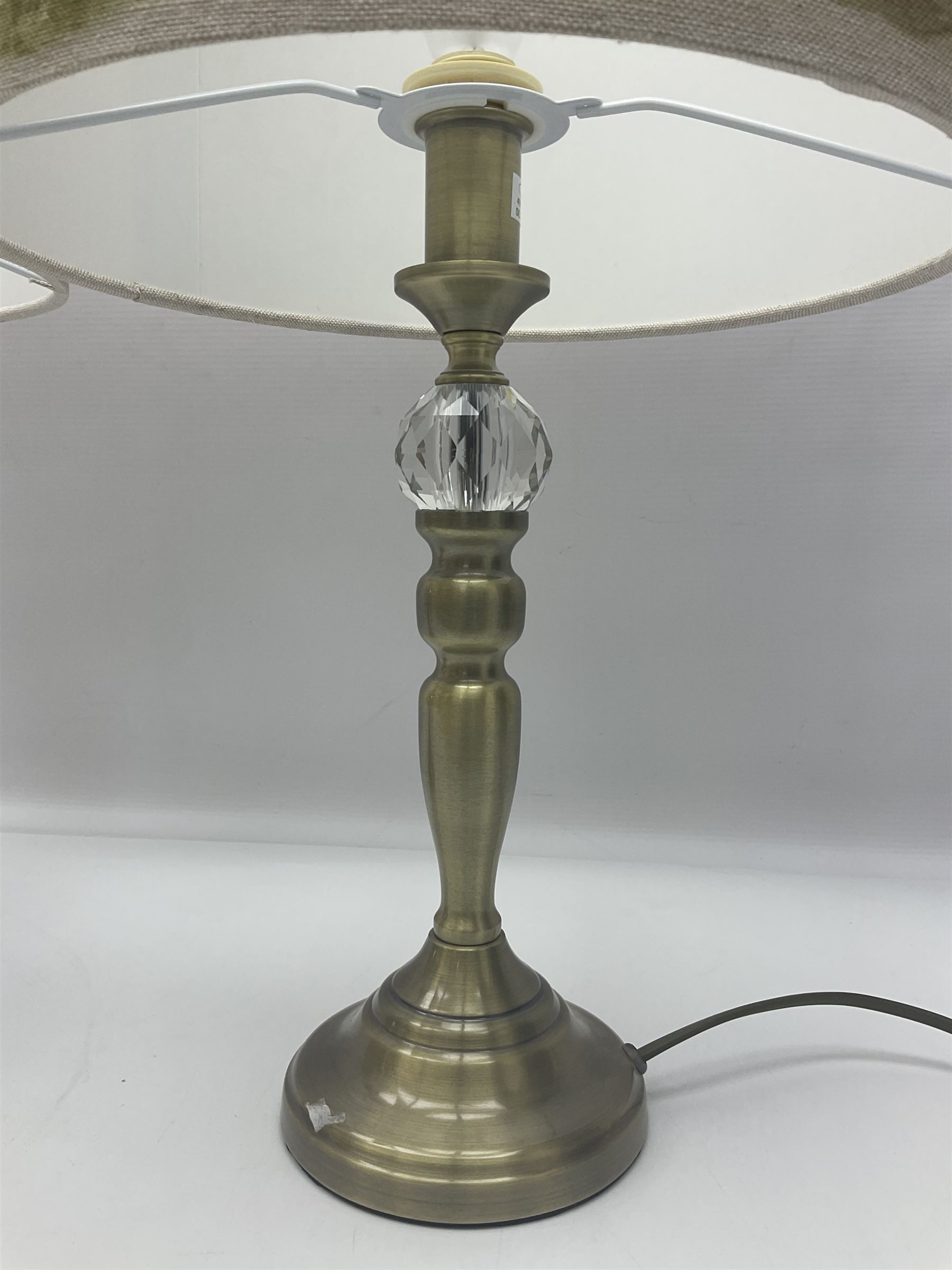 Pair of table lamps, with fabric shades decorated with deer, in a water colour style, H47cm, shades D30cm