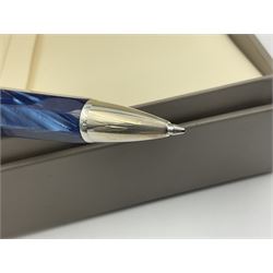 Montegrappa Emblema ball pen, the blue pearl marbled barrel of octagonal form with silver mounts and terminal with 1912 emblem, stamped 925 and clip with roller, in box, L13.5cm