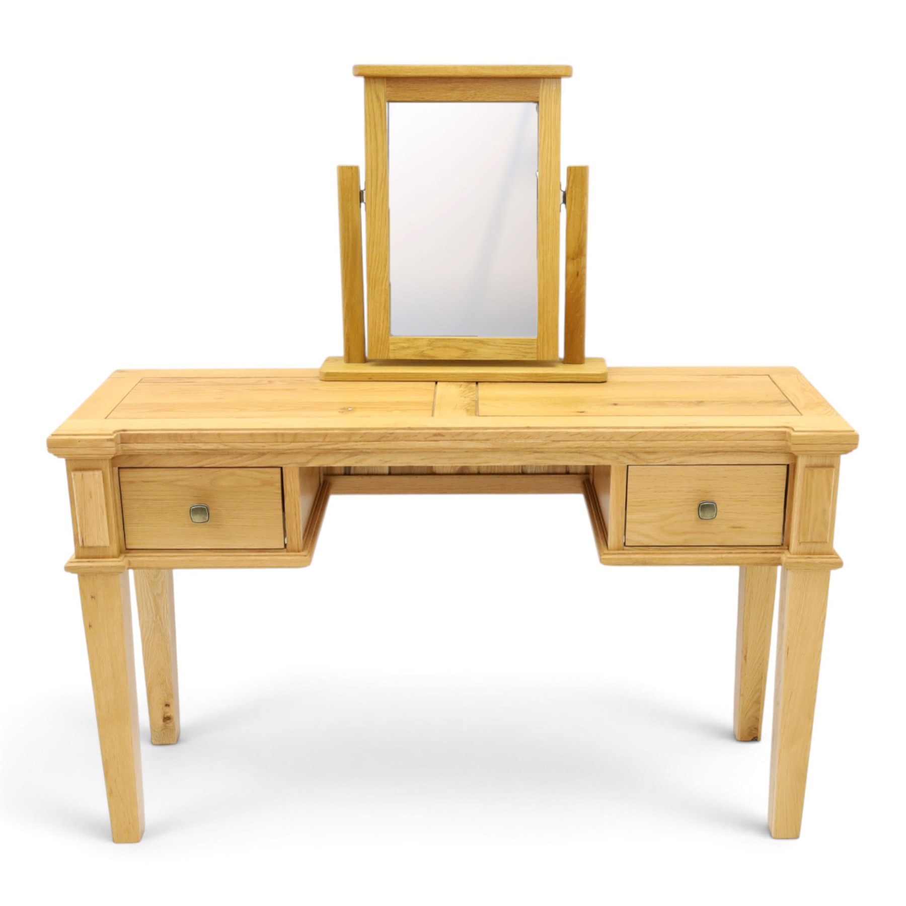 Contemporary oak kneehole dressing table and mirror, rectangular shaped top fitted with two drawers, on square tapering supports