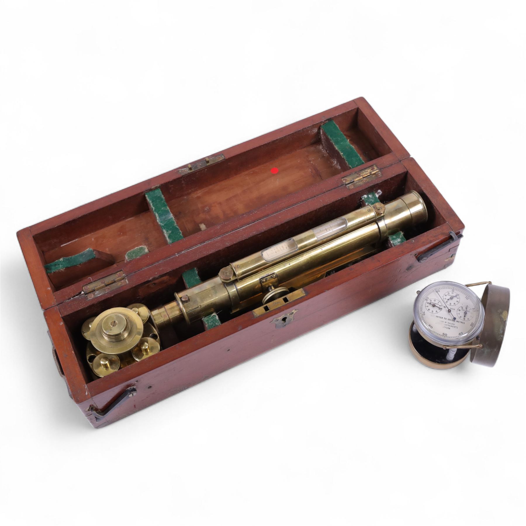 Late 19th century/early 20th century brass dumpy level, inscribed Carter Optician Exeter, in fitted mahogany case, together with a Lowne Instruments Air Meter, no L 3854