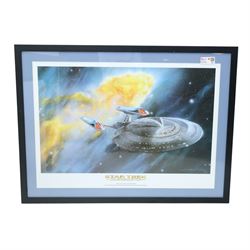 Ten Star Trek prints, including limited edition prints by James Cukr, 20th Anniversary lithograph, Dynamic Forces lithographs, signed Women of Star Trek print, all framed, etc largest 112cm x 83cm